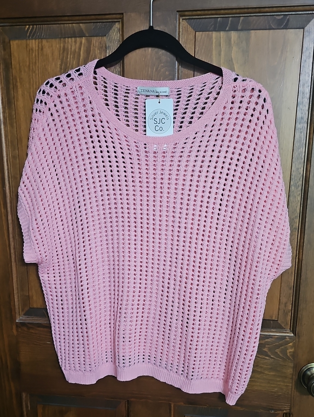 New Zenana Pink Open-Knit Short Sleeve Sweater Size Large